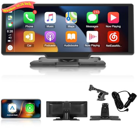 Pantallas para Coches - Pantalla Táctil IPS de 10,26 Pulgadas Pantalla Coche - Inalámbricos Android Auto y CarPlay con Control por Voz, FM/AUX, Pantalla de Navegación para Todos Los Vehículos