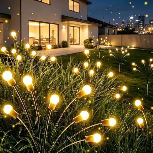 XRR Solarlampen für Außen Garten, 4 Stück 6LED Solarleuchten Glühwürmchen 8 Modi Solarlichter Blume mit Fernbedienung Wetterfest Solarstecker Gartenbeleuchtung für Pfad Party Hof Deko(warmes Weiß)