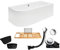 BADLAND Premium Set 6in1 Badewanne Eckwanne Acryl Weiß Wanne AVITA Rechts 170x75 cm, Made in EU + Acrylschürze + Bambus Badewannenablage + Nackenkissen, Moderne Design, mit Ablaufgarnitur und Füßen