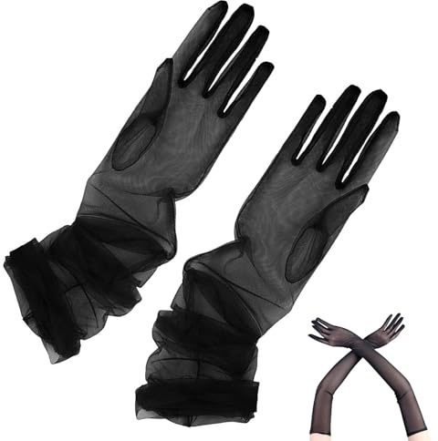 YAHUNI Damen Lange Tüll Handschuhe - Schwarz Nahtlos, Opern Party Nylon Durchsichtig Ellenbogen Lang für Hochzeit Abend Cocktail Ball Mottoparty