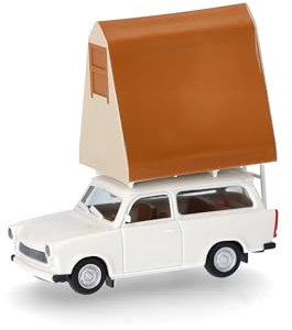 Herpa Modellauto Trabant 601 Universal mit Dachzelt, Miniatur im Maßstab 1:87, Sammlerstück, Made in Germany, Modell aus Kunststoff, Grauweiß
