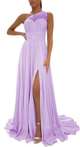 HPPEE Abito da donna monospalla da damigella d'onore per matrimonio in pizzo applique chiffon lungo abito formale con spacco, Lilla, 44