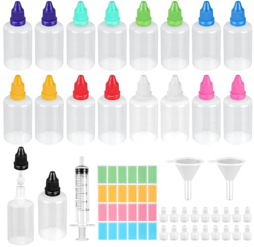 TIANCONGYUN 18 x 50ml Liquid Flaschen, Tropfflasche, Leerflaschen, Plastikflasche für Liquids mit Farbigen Kappen, Einschließlich Tropfstöpsel, Trichtern, Spritzen und Leere Etiketten