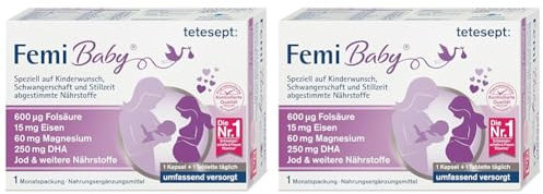 tetesept Femi Baby – 16 Nährstoffe für Kinderwunsch, Schwangerschaft & Stillzeit – mit Folsäure, Eisen, Jod + DHA – 1 x Monatspackung à 30 Tabletten + 30 Kapseln (Packung mit 2)