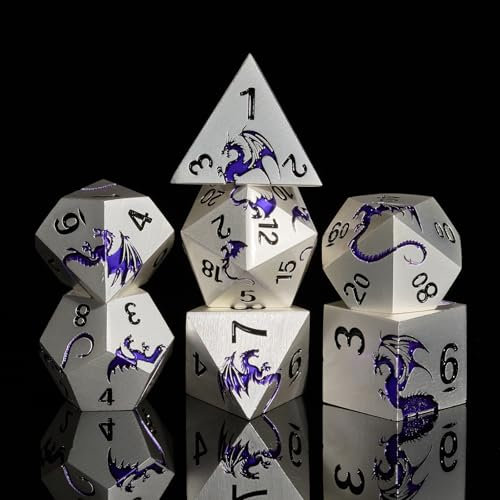 DND Würfel,HNCCESG Metall 7 Stück Violetter Drachen Würfel Set für Dungeons and Dragons,Tabletop Spiele D20, D12, D10, D%, D8, D6, D4(Mattes Silber-Lila)