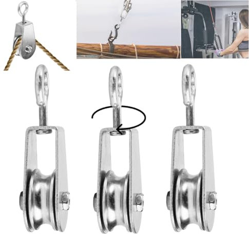 3 Pcs Stainless Steel Pulley Wheel, Heavy Duty Single Pulley, M25 Pulley Block, 360 Degrees Swivel Pulley, Load Capacity 30kg, Pulley System, Stainless Steel Rope Pulley, for Washing Line, Gym, Crane