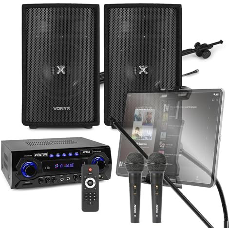 VONYX SL6 Karaoke System, 500W Bluetooth Amp, Adults Karaoke Machine Setup with 2 Wired Microphones, Mic Stand & Tablet Holder, Ideal for Home Parties and Events