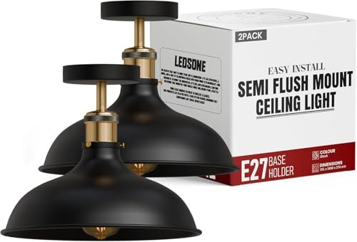 LEDSone Pack of 2 Industrial Semi Flush Mount Ceiling Light Metal 36cm Large Shade E27 Ceiling Lamp for Kitchen Bedroom Hallway Vintage Loft Ceiling Lighting Black with Bulb