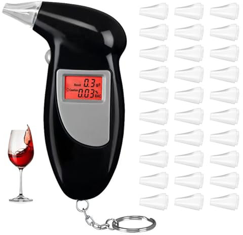 Merwlukt Alkoholtester Polizeigenau, Promillemessgerät Professioneller Alkohol Tester, Alkoholmessgerät mit Digitaler LCD-Bildschirm und Halbleiter Sensorik, 30 Mundstücke