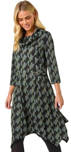 Roman Petite Abstract Print Hanky Hem Stretch Dress for Women UK - Ladies Everyday Autumn Winter Cowl Neckline Comfy Soft Evening Vacation Work Party Night Out - Khaki - Size 16