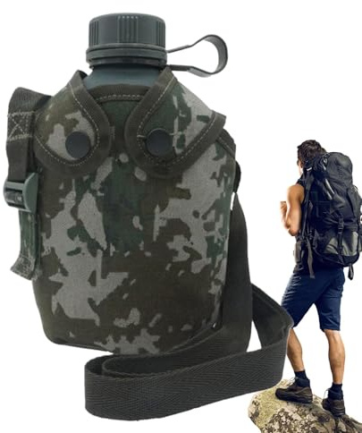 Borraccia militare – con copertura mimetica in alluminio, accessorio per sport all'aperto, attività ricreative, 1 l, con cinghia, contenitore isolante per bevande per arrampicata