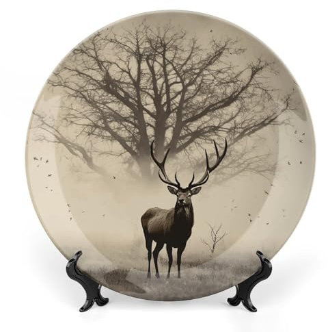 LPSADGF Ceramic Decorative Plates for Display, Abstract Tree Elk Picture Art Decor Plate, Bohemian Style Dinner Plate with Display Stand, Bone China Decorative Plates for Home Decoration 7inch