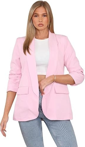 Lined Blazers for Women Casual Long Ruched Sleeve Suit Plain Open Jackets Work Office Womens Coats Cardigan Suit Formal Jacket Top Solid Color Collar Italian Ladies Blazer Coats (Baby Pink , UK 8-10)