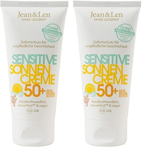Jean & Len Sensitiv Sonnencreme 50+ LSF wasserfest, Sofortschutz für empfindliche Gesichtshaut, Sonnenschutz ohne Silikone, Nanopartikel, Octocrylen, Mikroplastik, vegan, Reisegröße 50 ml