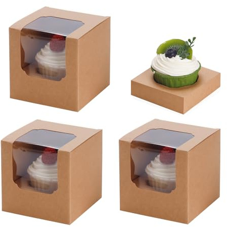 BTSD-home Tortenbox, 25 Braune Einzelboxen Mit Einsätzen Für Muffins | Muffins Transportbox im braunen Kartonlook, Einsatz hält einzelne Cupcakes für Hochzeit, Café und Markt aufrecht
