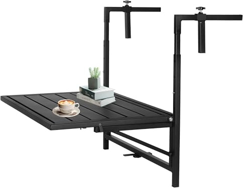 SERdeerCH Klappbarer Balcony Railing Tisch mit 2 Verwendungsfunktionen, Outdoor Hanging 4 Levels Height Adjustable,High Stability Outdoor Side Table for Patio Garden Porch