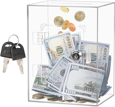 Acrylic Clear Piggy Bank for Adults, 15 x 12 x 20cm Rectangle Money Saving Box with Lock and Key Savings Jar for Storing Cash or Coin Large Capacity Money Box for Adults (Transparent White)