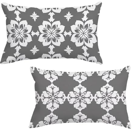Outdoor Kissen Wetterfest Kissenbezug 40x80 cm Boho Kissenbezug Grau Wasserfest Leinen Kissenhüllen 2er Set, Kopfkissenbezug mit Unsichtbarer Reißverschluss für Balkon Deko Geschenke für Frauen X-3