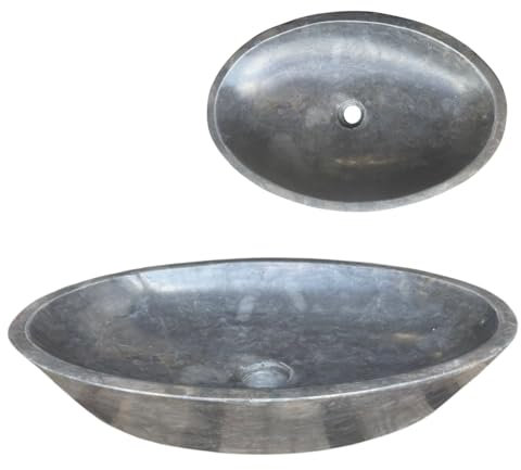 Lendo Online Lavabo da appoggio in marmo ovale 60x40 o 40x30 cm – Lavabo bagno in pietra naturale crema, grigio o nero – Superficie lucidata – Elegante e resistente (Nero, 60x40cm)