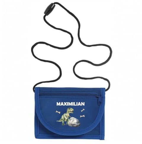 minimutz Geldbeutel Dino Kinder personalisiert, Kindergeldbeutel mit Name, Brustbeutel Dinosaurier T-Rex Jungen (Royalblau)