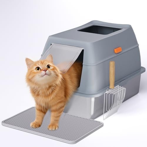 Katzenklo Edelstahl mit Deckel XL 60 x 40 x 40 cm, Geschlossene Katzentoilette für große Katzen, Einfache Reinigen Cat Litter Box mit Katzenklo Schaufel und Matte