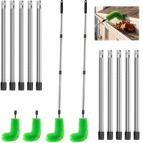 MUKSUET 2 Set 10.2Ft Gutter Cleaning Kit, 16 Pole and 4 Brush Heads Gutter Cleaner Tools, Adjustable Telescopic Gutter Cleaning Brush for Leaves and Spider Webs