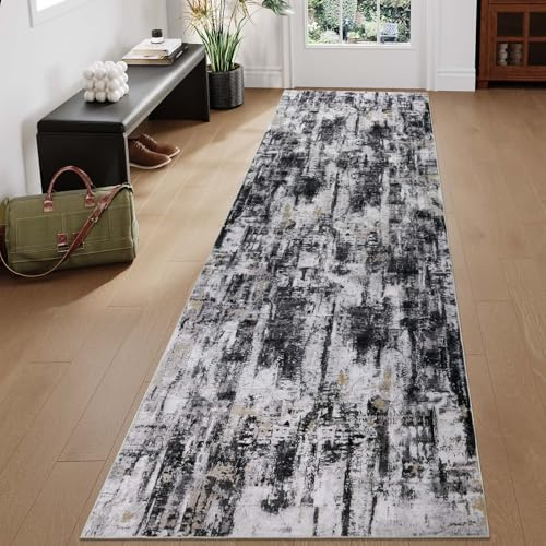 Homcomodar Läufer Flur Teppich 80x300cm Modern Abstrakter rutschfest Teppichläufer Schwarz Gold Küchenläufer Waschbar Kunstwolle Kurzflor Teppiche Lang für Flur Eingang Wohnzimmer Schlafzimmer Küche