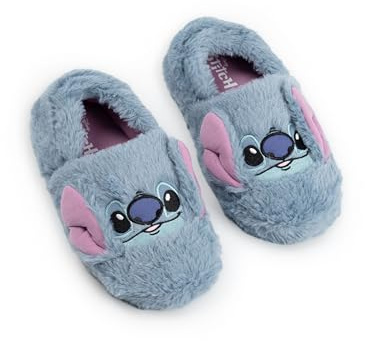 Disney Lilo & Stitch Girls Blue Slip On Loafer Slippers | Fluffy Character Face Indoor Lounging Footwear Stitch Merchandise