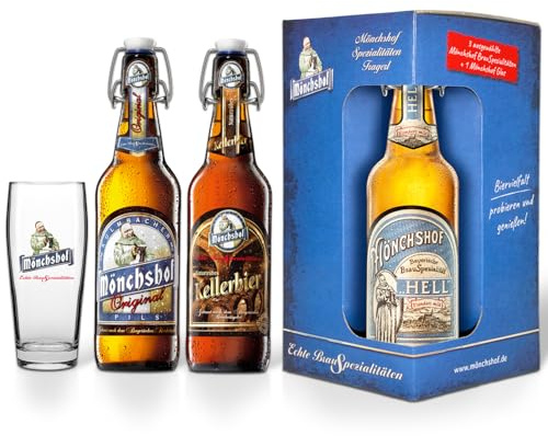 Mönchshof Biergeschenk Set – 3 x 0,5 l (Hell, Kellerbier, Original) + 1 Glas 0,3 l Willybecher – Bügelverschluss – Geschenkbox – Biergeschenk Weihnachten