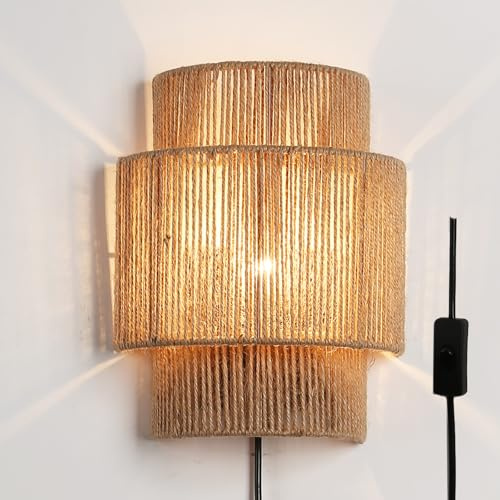Alpinaluz Applique Murale en Corde de Jute Naturelle – Design Bohème Artisanal à Double Abat-jour, Avec Câble, Prise et Interrupteur – Douille E27 pour Salon, Chambre ou Couloir