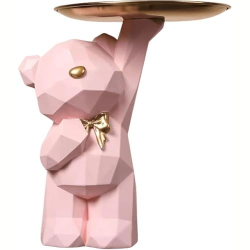 Bär Skulptur mit Tablett, kleine bären skulptur mit metallschale, B-Rosa | Bär Figur Dekorative Tablett, Bären Tablett Deko, für die Meisten Anlässe Geeignet , 17*22*23cm