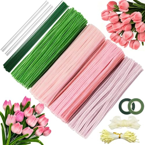 400 Stück Pfeifenreiniger Blumen Set, 4 Farben Pfeifenputzer zum Basteln für DIY mit Blumendraht, Gartenband, Staubgefäßen und Band