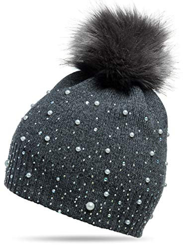 Caspar MU143 Damen Fein Strick Winter Mütze mit Fellbommel, Farbe:dunkelgrau, Größe:One Size