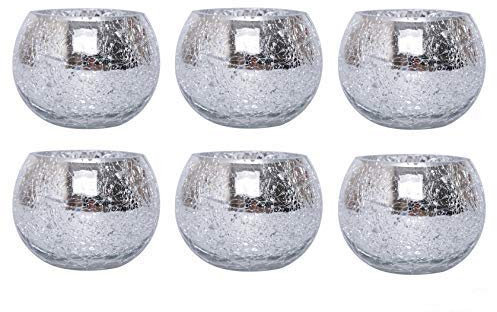 Hosley® Radiant Elegance Lot de 6 photophores en Verre craquelé argenté de 10 cm de diamètre pour décoration d'intérieur et Occasions spéciales