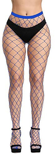WEANMIX Medias de red con patrón de encaje, mallas de cintura alta para mujer, C05-azul-rejilla grande, Talla única