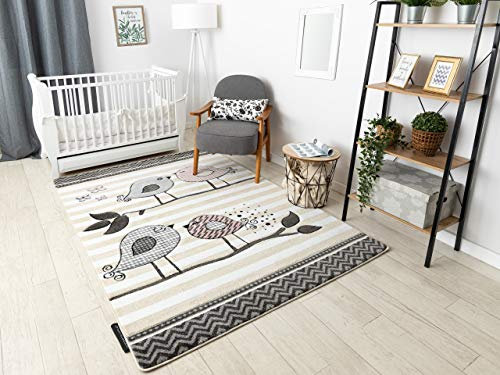 Kinderteppich Petit für Babyzimmer, Spielteppiche, Kinderzimmer, VÖGEL Sahne Creme 160x220 cm