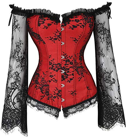 e-girl Women's Overbust Corset Plastic Boned Retro Top,UK 6-16 | Lace sleeve fabric, overbust silhouette, front busk closure, back lace-up ribbon, plastic boning