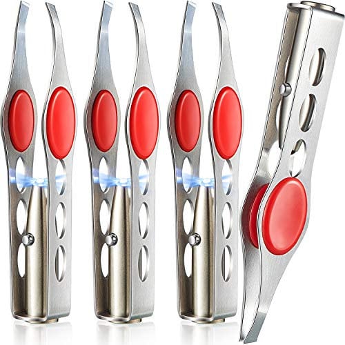 4 Piezas Pinzas de Cejas con Luz LED Pinzas Iluminadas Pinzas LED de Punta Inclinada Pinzas de Cejas de Acero Inoxidable Herramientas de Eliminación de Maquillaje para Mujeres Hombres