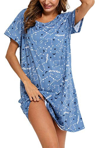 ENJOYNIGHT Nighties for Women Cotton Nightdress Sleep Tee Short Sleeves Print Nightshirt Soft Sleepwear Loungewear (XX-Large,Blue Star)