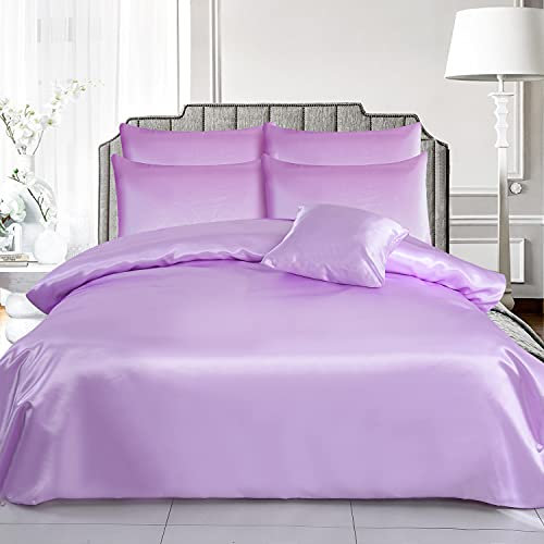 ROOEE Satin Silk Complete Bedding Set - 6 PCS - Fitted sheet, Duvet Cover, 4 Pillow Cases. Color - Lilac Size - Double