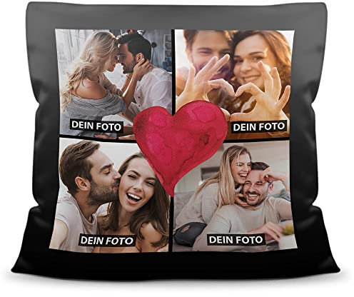 PR Print Royal Kissen selbst gestalten Satin - Collage mit 4 Fotos Bedrucken - Herz, Liebe - Geschenk Valentinstag Geburtstag Weihnachten - Fotokissen satiniert inkl. Füllung, 40x40 cm