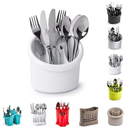 4 Compartments High Grade Plastic Sink Tidy Round Cutlery Drainer Caddy Holder, Utensil Drainer for Home and Kitchen Drain Box Sink Cleaning Up (White - Design 3)