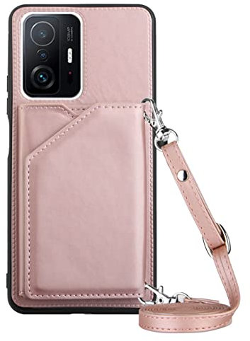 PekaTech Handykette für Xiaomi 11T / Xiaomi 11T Pro 5G, PU-Leder Hülle- Handyhülle mit Band zum Umhängen - Klapptasche Handytasche Case mit Handy-Kette, Kartenfach und Portmonee, Roségold