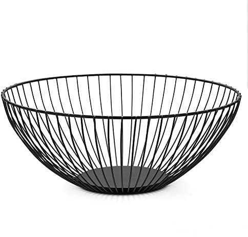 HOMQUEN Corbeille à fruits, corbeille à fruits, corbeille à fruits en fil métallique pour cuisine, corbeille à fruits pour comptoir de cuisine, corbeille pour fruits, légumes (rond court, noir)