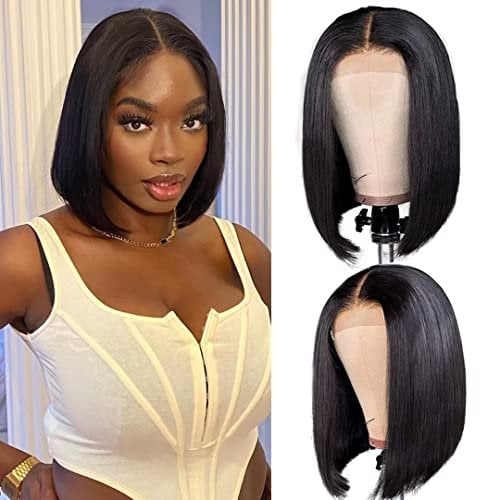 4X4 Bob Human Hair Wig 100% Echthaar Perücke Straight Lace Front Wigs Glueless Wig Human Hair Perücke Damen Echthaar for Black Women 180% Density 12 Zoll (31cm)