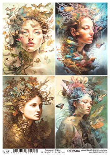 Josys Bastelmärchen Reispapier A4 Strohseide Mädchen Frau Portrait Malerei Blumen Vögel RE2504