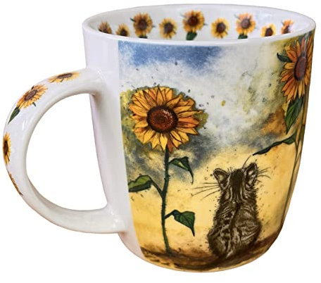 Alex Clark Cat and Sunflowers Mug- Feline - Flowers - Original Artwork - Cup for Animal Lovers - Gift Ideas - Perfect for Coffee & Tea - Vegan Friendly - Designed in The UK...