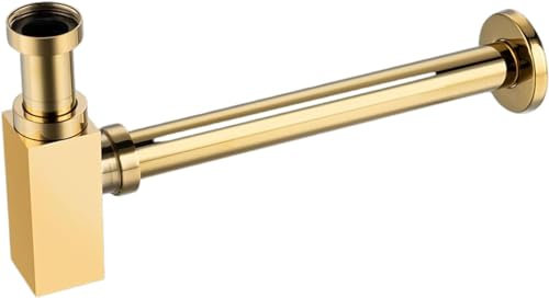BALNEO Sifone per Lavabo, Universale per Lavabi e Lavabi, Raccordo di Scarico, Vestibilità Perfetta - Sifone per Odori con Apertura di Pulizia, Ottone Dorato, G1 1/4 X 32mm, Universale, Tubo, Quadrato