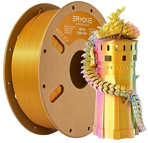 ERYONE Dreifarbiges Seiden PLA Filament 1.75mm,Seidiges Mehrfarbiges PLA-Filament für 3D-Drucker +/- 0,03 mm,Co-Extrusion Seiden PLA Filament 1 kg/Spule, Reddish& Orange Red& Gold