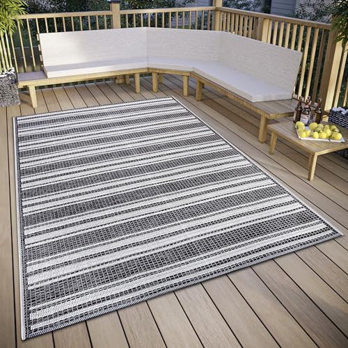 Hanse Home Temu, tappeto per interni ed esterni, resistente alle intemperie, motivo a strisce moderne, impermeabile, robusto, in tessuto piatto per giardino, balcone, terrazza, soggiorno, grigio,